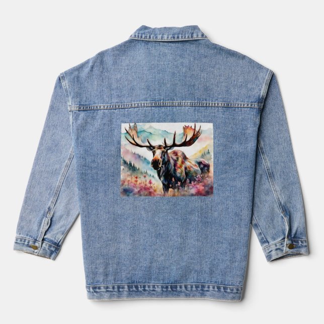 Elche in Wildblumen Aquarell Jeansjacke (Rückseite)