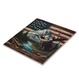 Elche mit Bergen und Flaggen Hintergrund Fliese