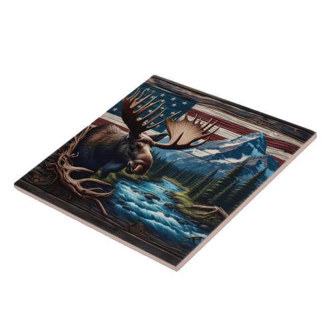 Elche vor Berg und amerikanischer Flagge Fliese (Seite)