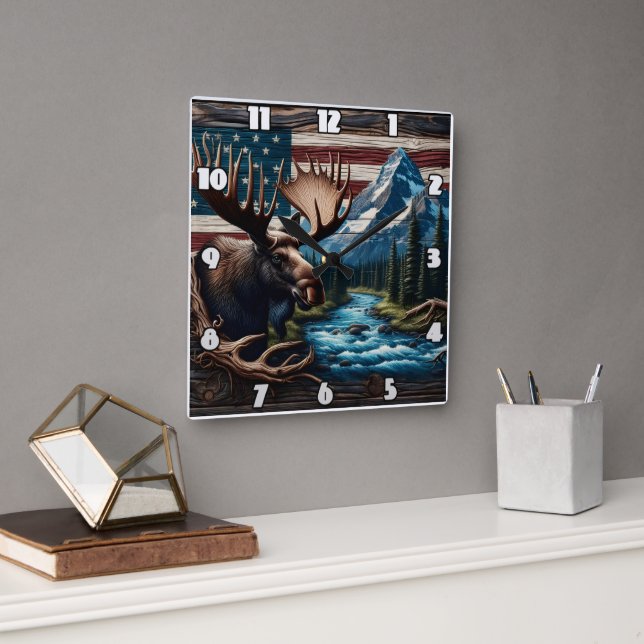 Elche vor Berg und amerikanischer Flagge Quadratische Wanduhr (Büro)