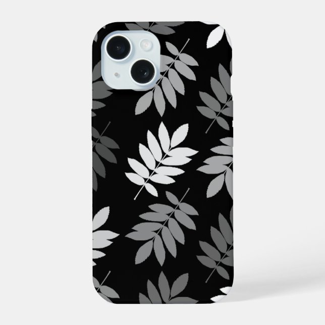 Elder Leaf Lg Muster Schwarz Weiß Grau iPhone 15 Hülle (Rückseite)