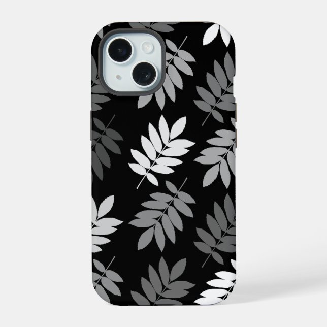 Elder Leaf Lg Muster Schwarz Weiß Grau iPhone 15 Hülle (Rückseite)