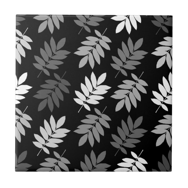 Elder Leaf Pattern Black White Grey Fliese (Vorderseite)