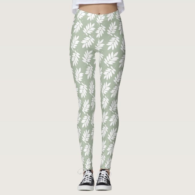 Elder Leaf Pattern White on Green Leggings (Vorderseite)