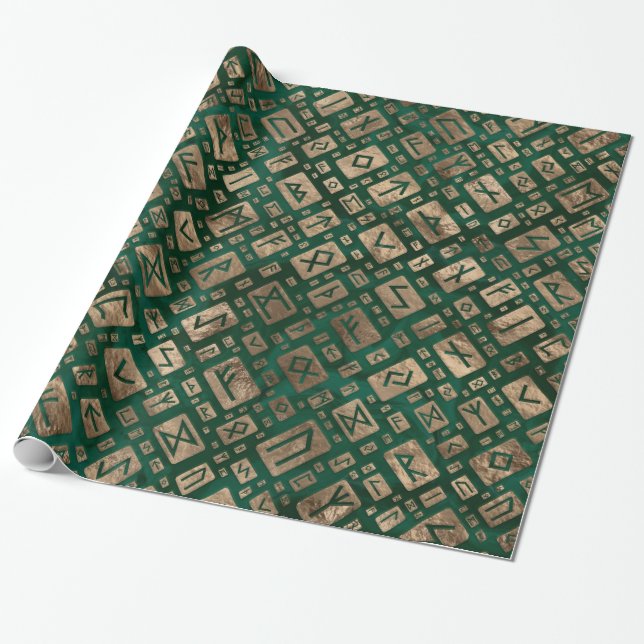 Elder Runes - Futhark Pattern Gold auf Malachite # Geschenkpapier (Ungerollt)