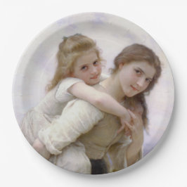 Elder Sister gibt jüngere Schwester Piggyback Ride Pappteller