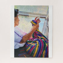 Elder Woman Sewing on Bus