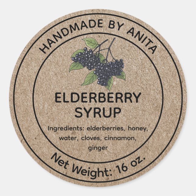 Elderberry Syrup Jam Jar Label Kraft Paper Style Runder Aufkleber (Vorderseite)