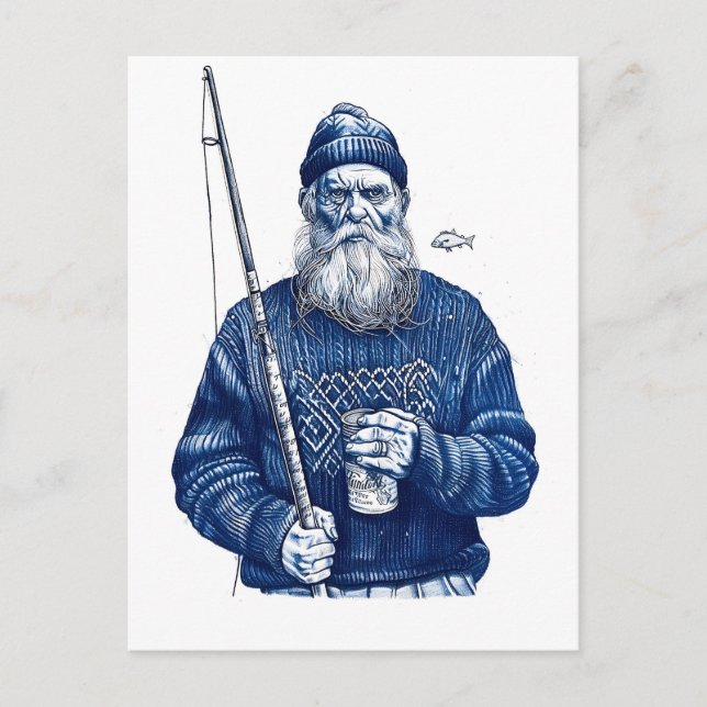 Elderly Sailor Holding Fishing Rod And Mug Postkarte (Vorderseite)