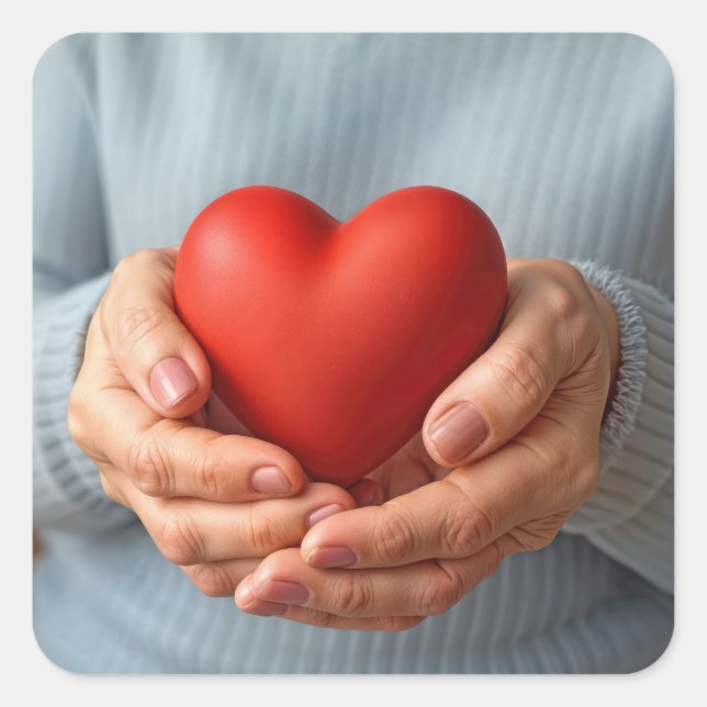 Elderly Woman Holding a Red Heart Quadratischer Aufkleber (Vorderseite)