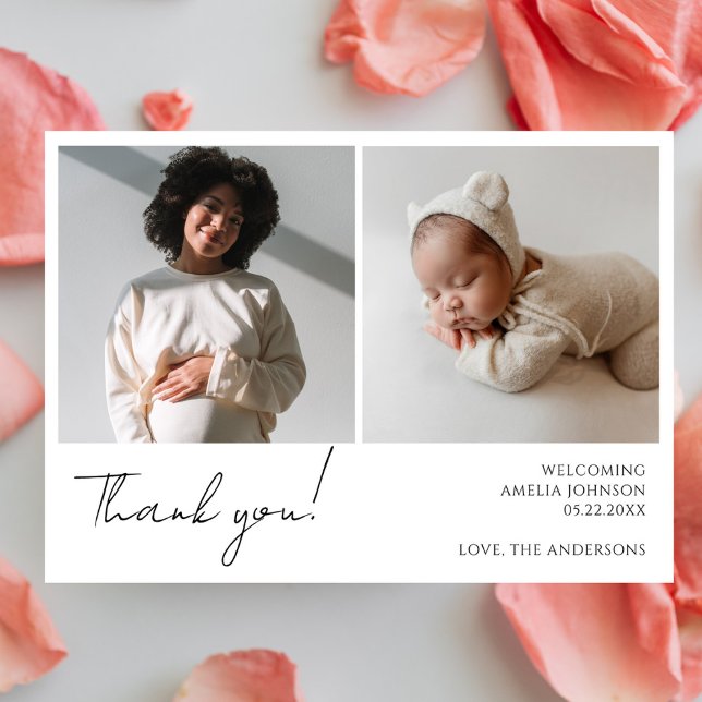 Eleagant Calligraphy Minimalistisch Foto Baby Shoo Dankeskarte (Von Creator hochgeladen)