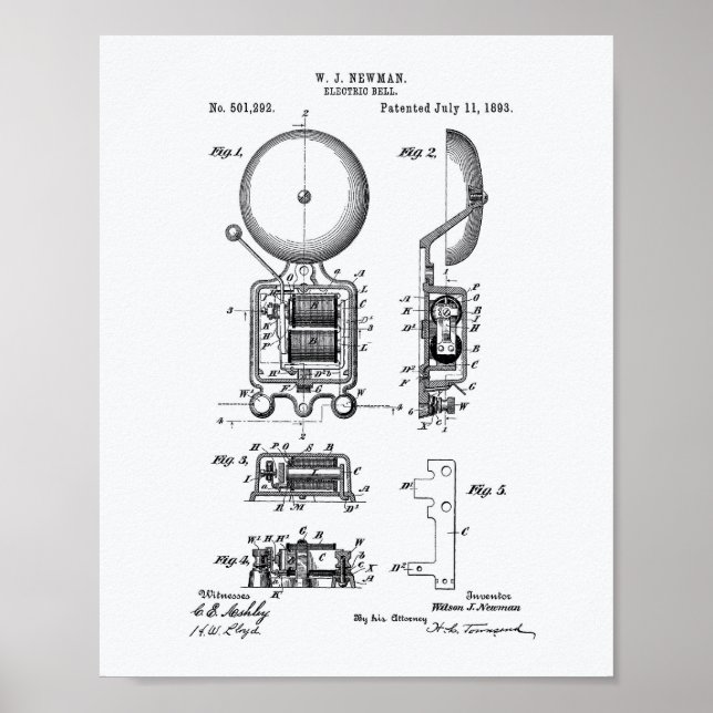 Electric Bell 1893 Patent Art - Weißbuch Poster (Vorne)