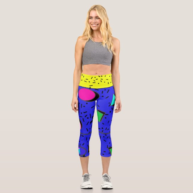 Electric Blue 80er Memphis Abstrakt Style Retro Capri Leggings (Vorderseite)