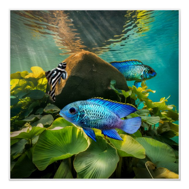 Electric Blue Acara Cichlids Zebra Pleco Fischkuns Poster (Vorderseite)