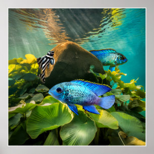 Electric Blue Acara Cichlids Zebra Pleco Fischkuns Poster