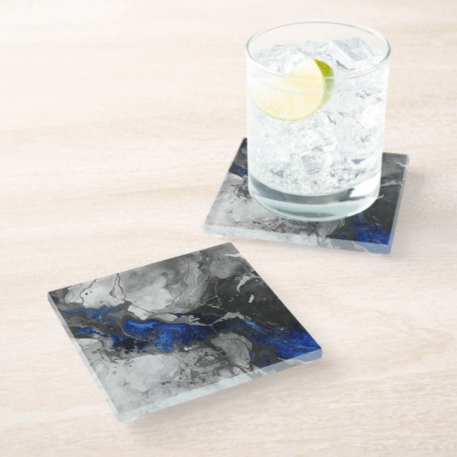 Electric Blue, Black and Grey Marble print Glasuntersetzer (Schrägansicht)