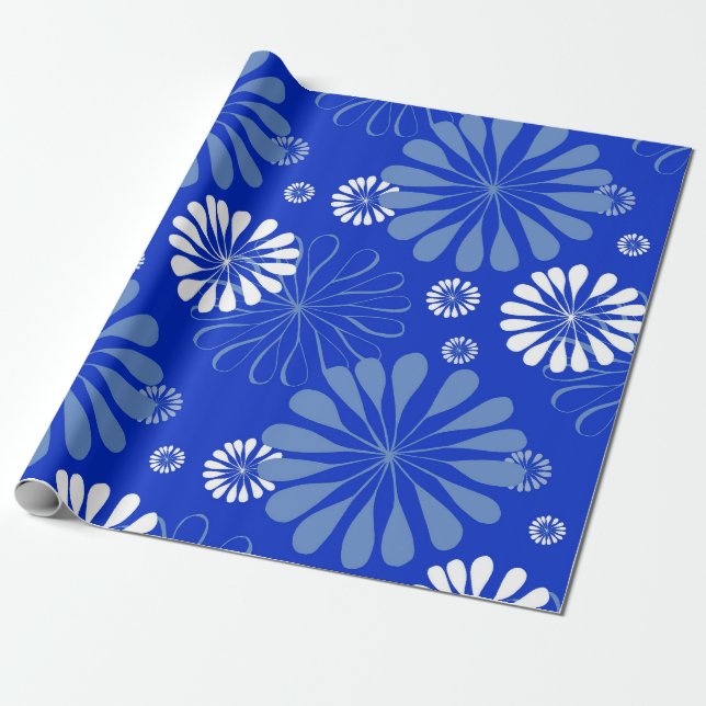 Electric Blue Modern Floral Print Geschenkpapier (Ungerollt)