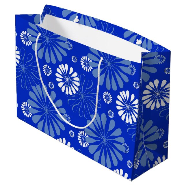 Electric Blue Modern Floral Print Große Geschenktüte (Rückseite Schrägansicht)
