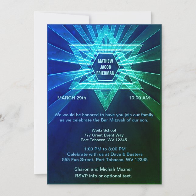 Electric Blue und Green Bar Mitzvah Einladung (Vorderseite)