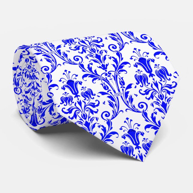 Electric Blue White Floral Damask Krawatte (Gerollt)