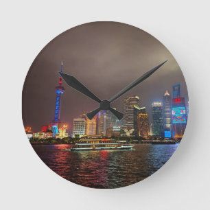 Electric Dreams - Futuristic Shanghai Skyline, A C Runde Wanduhr