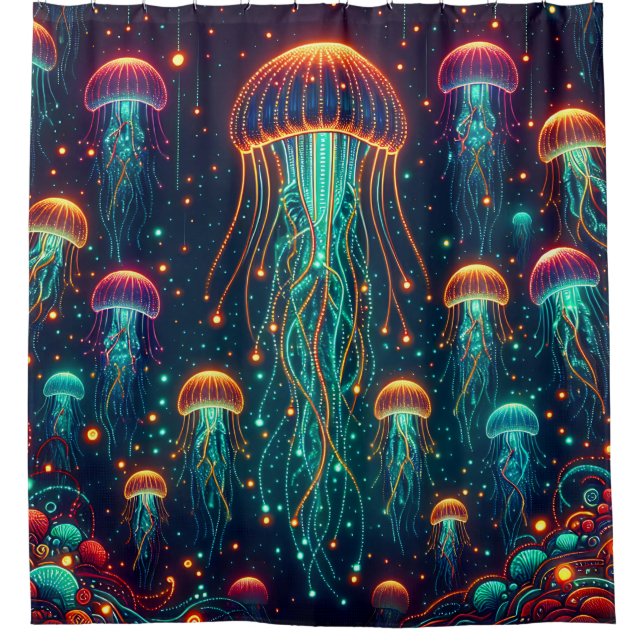 "Electric Elegance: Aquatic Radiance" Duschvorhang (Vorderseite)