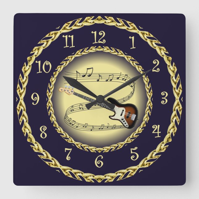 Electric Guitar 01 ~ Musical Scroll/Gold/Navy Blue Quadratische Wanduhr (Vorderseite)