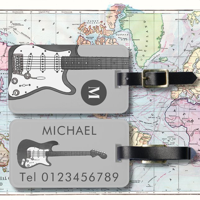 Electric Guitar Monogram Gepäckanhänger (Electric guitar gray illustration custom name mobile travel tag for guitarist musician music teacher)