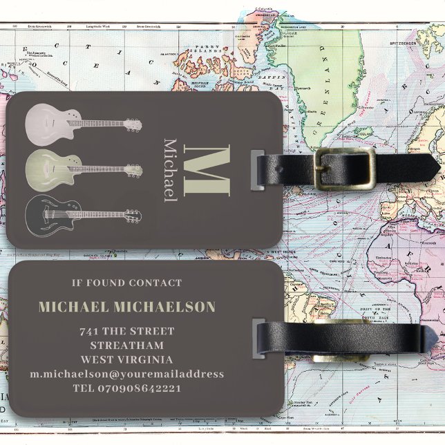 Electric Guitar Monogram Gepäckanhänger (Electric guitar gray monogram custom travel luggage tag for guitarist musician )
