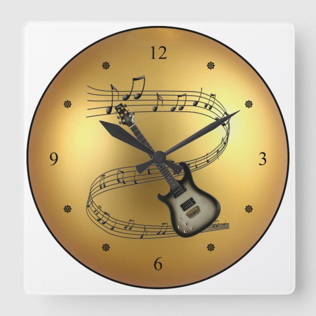 Electric Guitar ~ Musical Scroll ~ Golden Globe ~ Quadratische Wanduhr (Vorderseite)