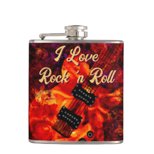 Electric Guitar on Fire Red Black Liebe Rock'n'Rol Flachmann