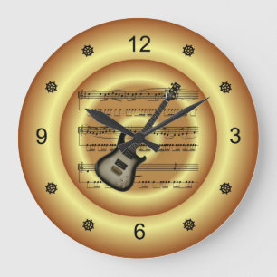 Electric Guitar ~ Sheet Music ~ Gold Background ~ Große Wanduhr