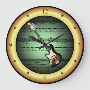 Electric Guitar - Sheet Music - Green/Gold Backgro Große Wanduhr