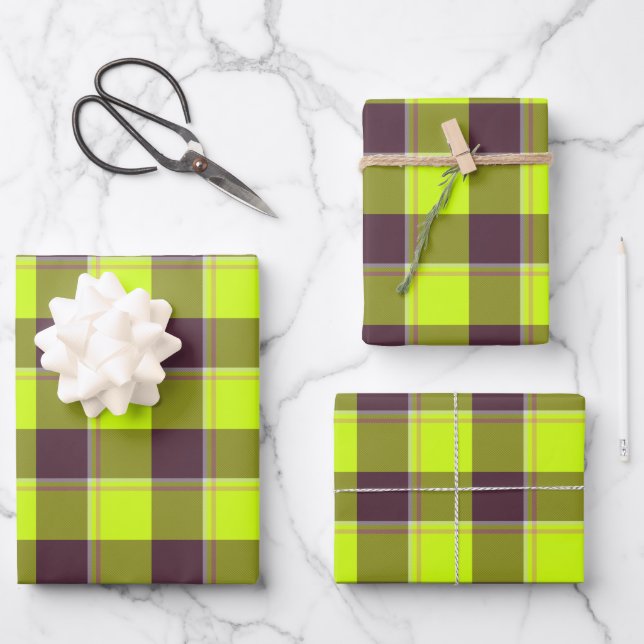 Electric Lime and Livid Brown Plaid Geschenkpapier Set (Vorderseite)