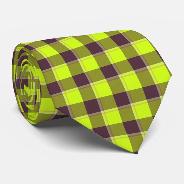Electric Lime and Livid Brown Plaid Neck Tie Krawatte (Gerollt)