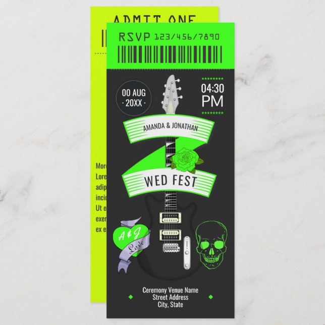 Electric Lime Rock ’n’ Roll Wedding Ticket Einladung (Vorne/Hinten)