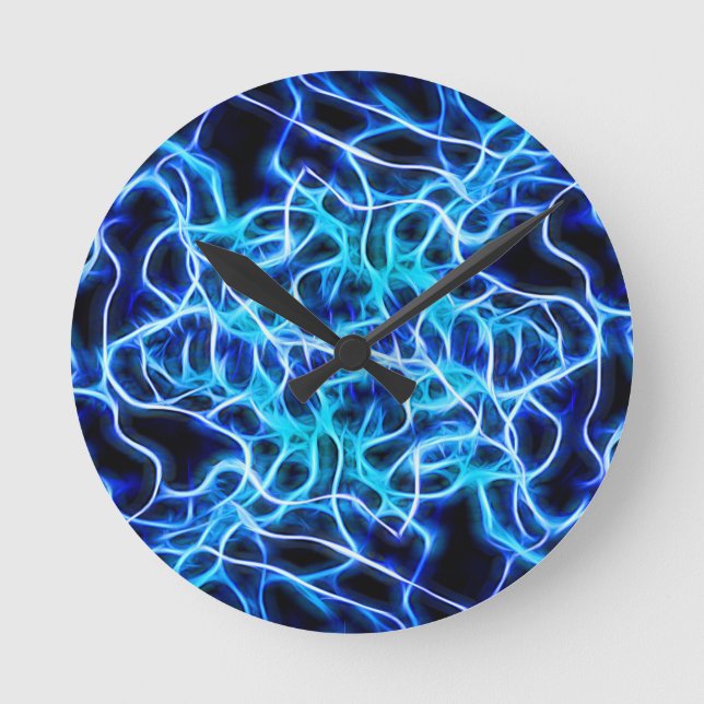 Electric Neon Blue Tesla Coil Lightning Runde Wanduhr (Vorderseite)