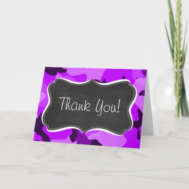 Electric Purple Camo; Vintage Chalkboard look Dankeskarte (Vorderseite)
