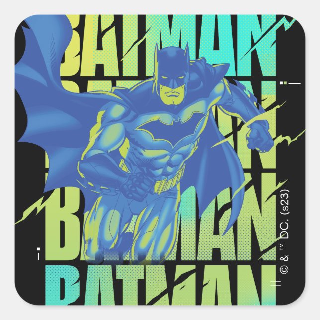 Electric Up Batman läuft durch Typografie Quadratischer Aufkleber (Vorderseite)