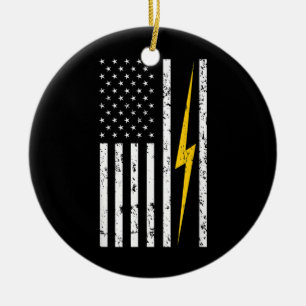 Electrical Patriotic American USA Flag Lineman Keramik Ornament