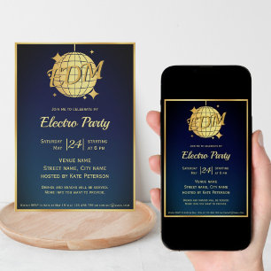 Electro EDM thematisches Golddisco-Ball Party Einladung