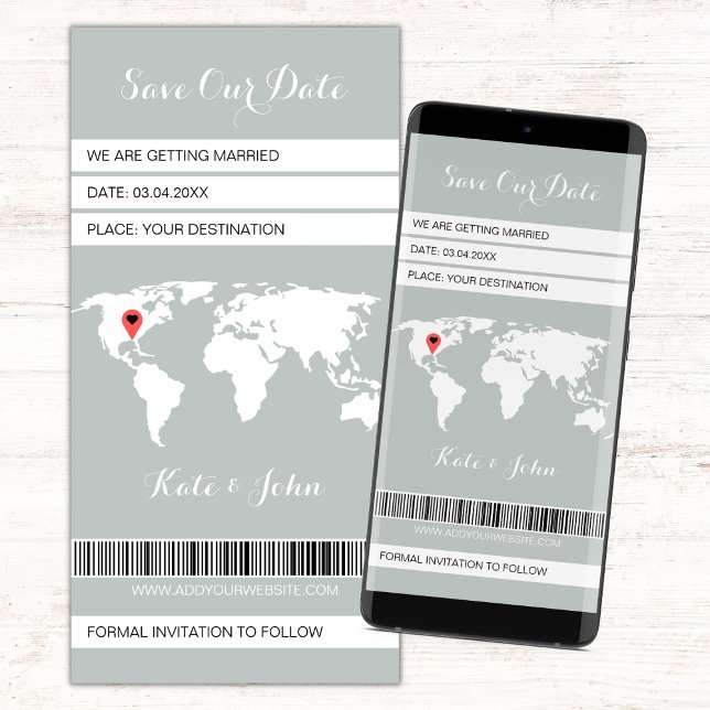 Electronic Boarding Pass Zielort Grün Save The Date (save the date digital boarding pass invitation, save our date sage green and white evite)