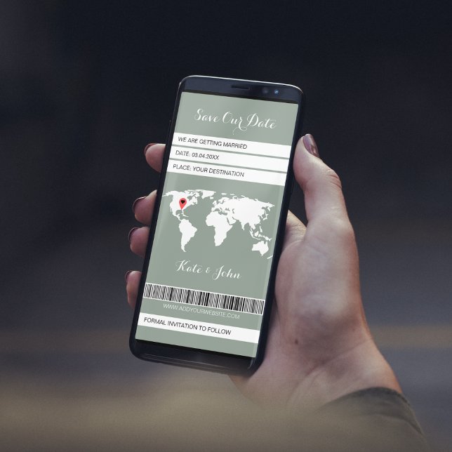 Electronic Boarding Pass Zielort Grün Save The Date (save the date boarding pass electronic ticket sage green world map destination wedding)