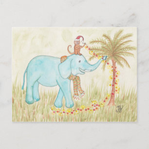 Elefant & Affe Stricken Weihnachtsleuchten Postkarte