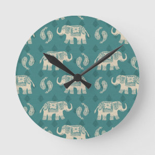 Elefant-aquamarines Wohnwagen-Muster Runde Wanduhr