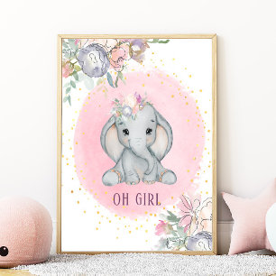Elefant Aquarell Rosa Blumen Mädchen-Kinderzimmer Poster