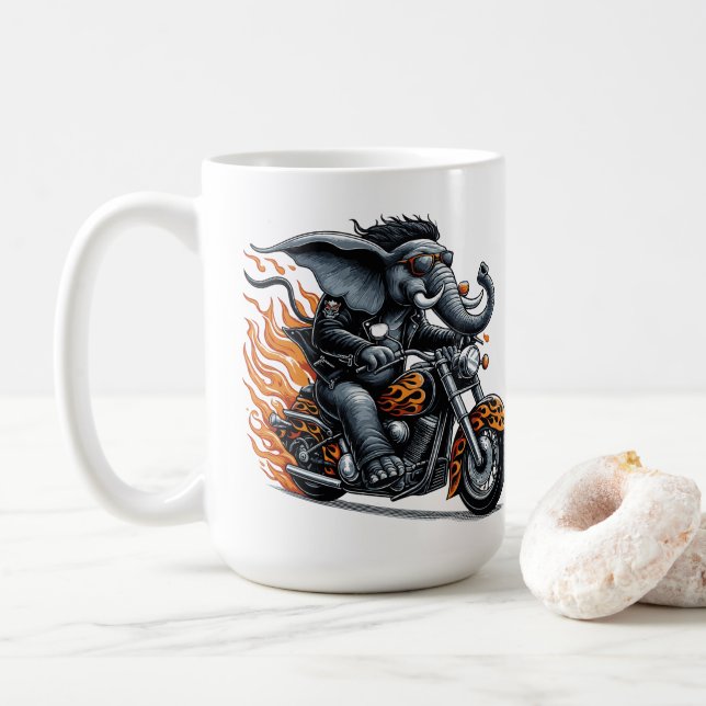 Elefant auf Motorrad mit Flammen Kaffeetasse (Mit Donut)