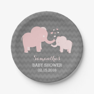 Elefant-Baby-Duschen-rosa und grauer PapierTeller