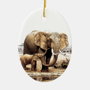 Elefant & Baby-Elefant Keramik Ornament
