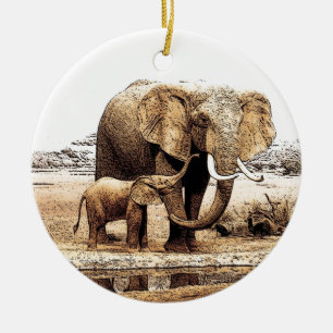 Elefant & Baby-Elefant Weihnachtsbaumanhänger Keramik Ornament